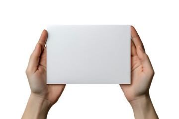 Hand holding a blank white sheet of paper with copy space, isolated on a transparent background.