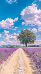 Obraz premium A serene dirt path lined with lavender flowers under a blue sky.