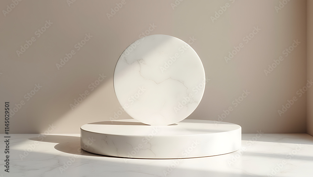 Aufkleber A minimalist design for a product display platform featuring a top circle marble stone element amidst selective focus._00002_