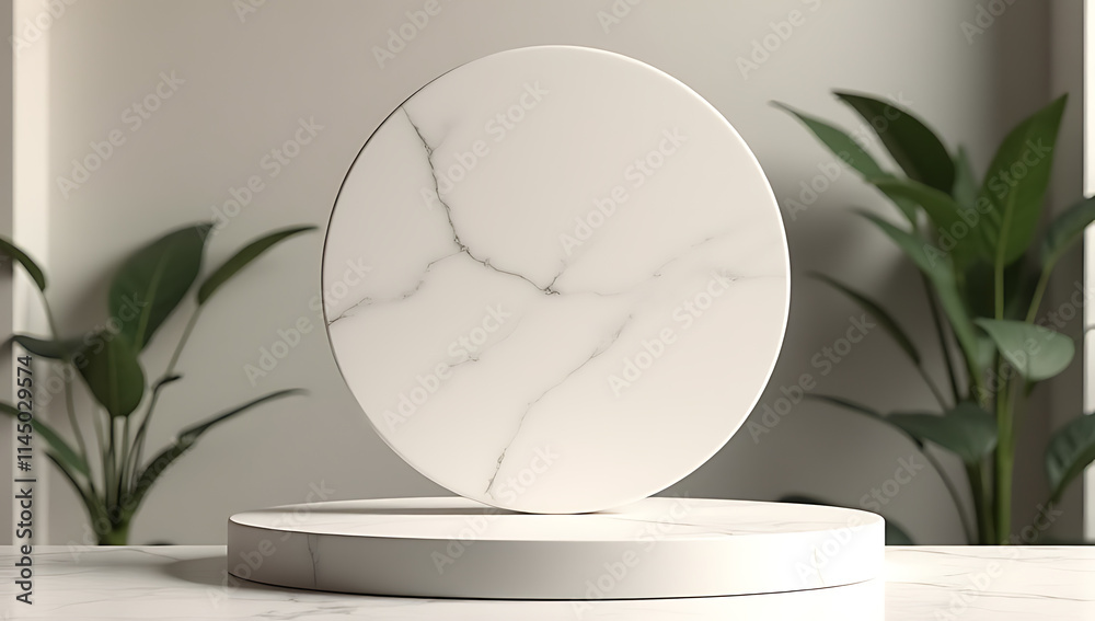 Poster A minimalist design for a product display platform featuring a top circle marble stone element amidst selective focus._00001_