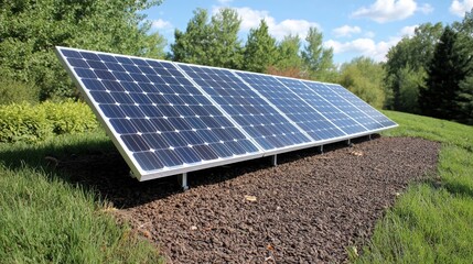 Four solar panels angled on ground mount.