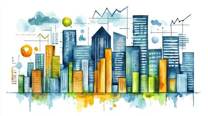 Obraz premium Urban landscape watercolor enhancing hr talent management strategies in corporate environments