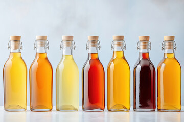 Various bottles of vinegar displayed in a neat row on a light background