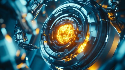 Fototapeta premium A futuristic design featuring a glowing core surrounded by intricate robotic components.