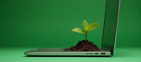 Green IT Laptop keyboard hosts growing plant against green backdrop symbolizing eco-friendly tech