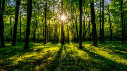 Obraz premium Sunlight filtering through the lush green forest in spring.