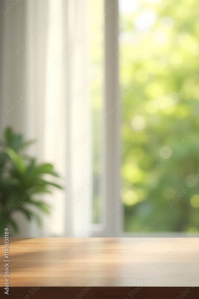 Poster A minimalist design combines an empty wooden table with a blurred curtain backdrop featuring abstract greenery and natural sunlight._00003_