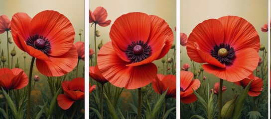 Oil painting trilogy showcasing a vibrant floral scene with blooming poppies during spring and summer