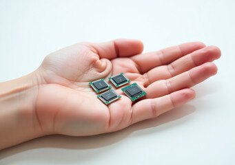 Fototapeta premium tiny computer processors sit palm hand white colored