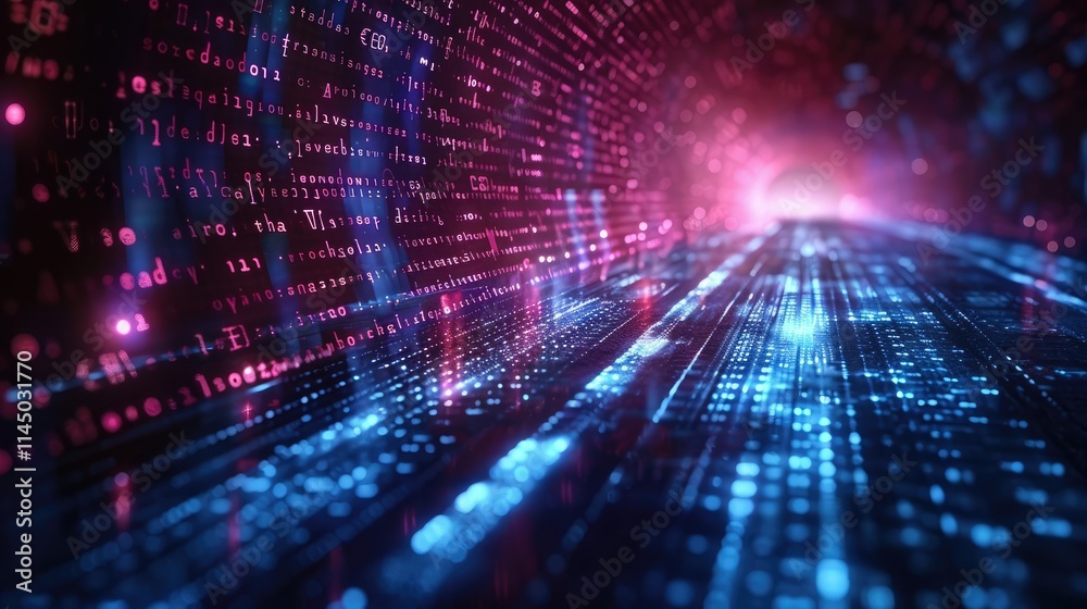 Poster a digital tunnel of vibrant binary code and glowing data streams.