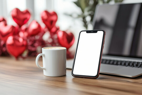 Valentine's Day office desk background with coffee, balloons, and smartphone template