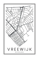 Printable downtown road map poster of the Dutch city of VREEWIJK on solid white background with city name