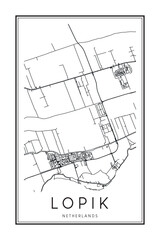 Printable downtown road map poster of the Dutch city of LOPIK on solid white background with city name