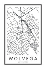 Printable downtown road map poster of the Dutch city of WOLVEGA on solid white background with city name