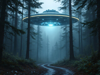 UFO hovering over misty forest path at night.