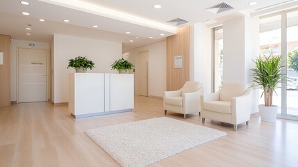 Fototapeta premium Modern and bright reception area in a clinic or office building with a white desk, comfortable armchairs, and green potted plants.