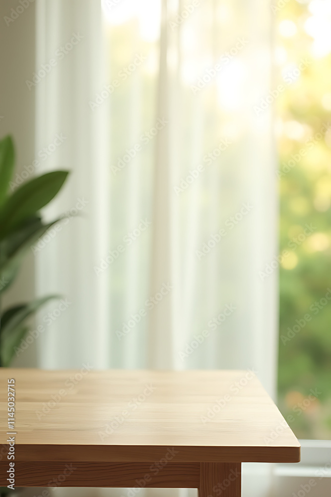 Aufkleber A minimalist design combines an empty wooden table with a blurred curtain backdrop featuring abstract greenery and natural sunlight._00001_