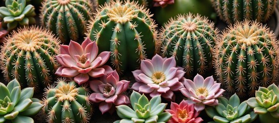 Fototapeta premium A captivating display of colorful cacti and succulents highlights the unique forms and hues characteristic of deserts