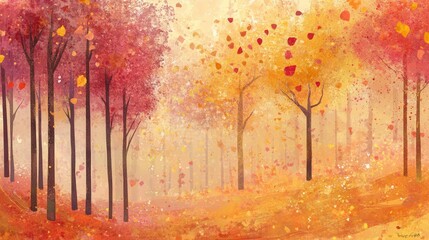 Fototapeta premium Serene Autumn Landscape with Vibrant Leaves Falling Among Trees in Soft Focus, Creating a Dreamlike Atmosphere of Nature's Beauty and Tranquility