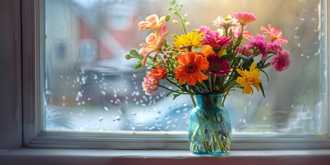 Colorful Flower Bouquet in Teal Vase on Windowsill with Rain