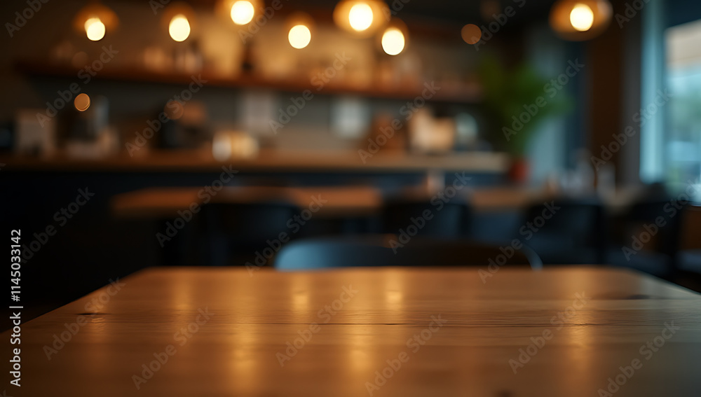 Aufkleber A minimalist cafe setting features an empty wooden table with a blurred bokeh effect in a darkened room._00002_