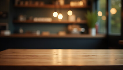 A minimalist cafe setting features an empty wooden table with a blurred bokeh effect in a darkened room._00001_