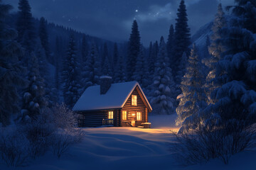 Holzhaus leuchtet in verschneiter Winternacht


