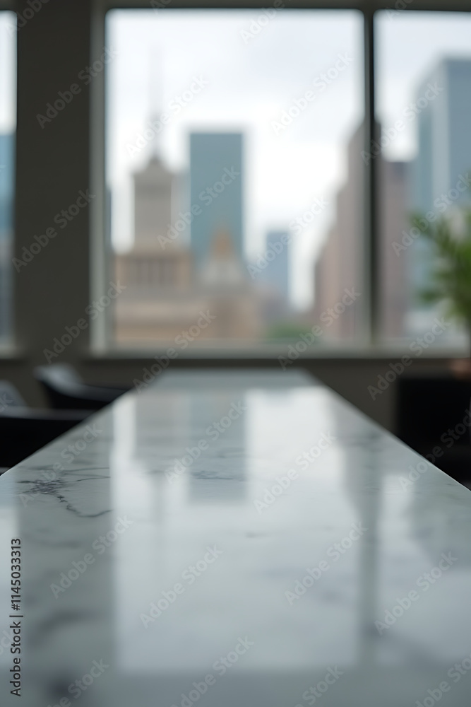 Poster A marble tabletop is in sharp focus while a blurred cityscape appears through a window in the background._00002_