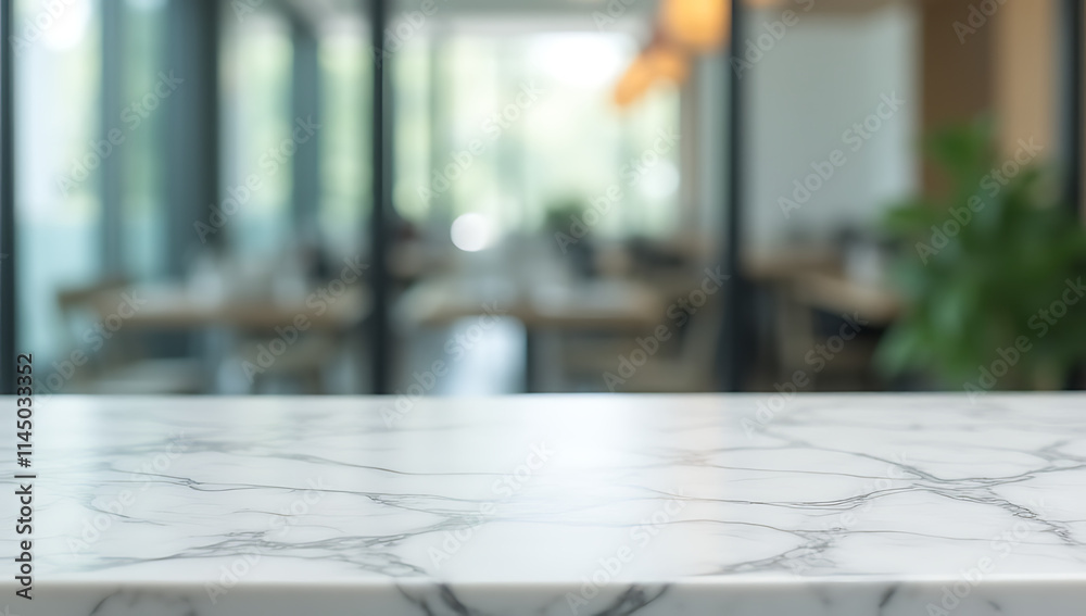 Poster A marble tabletop is in sharp focus against a blurred glass wall background creating a visually appealing contrast._00002_