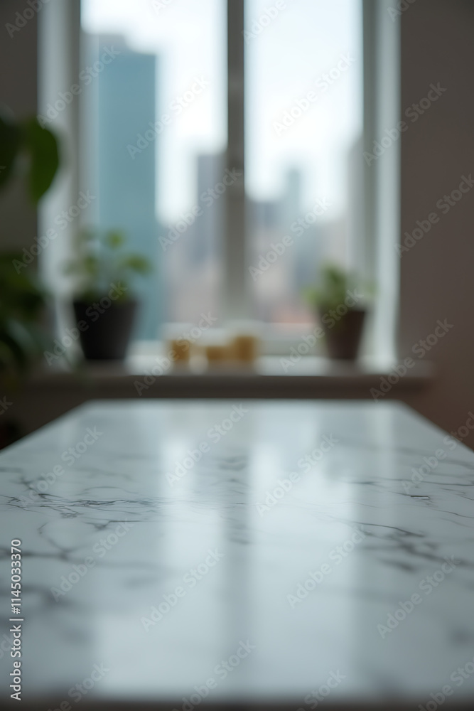 Poster A marble tabletop is in sharp focus while a blurred cityscape appears through a window in the background._00001_
