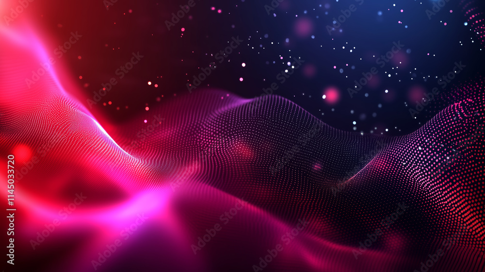Poster vibrant abstract waves displaying dynamic patterns in shades of red and blue with sparkling elements