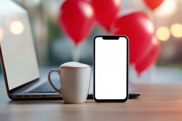 Office desk setup for Valentine's Day with blank phone screen, laptop, coffee and balloons