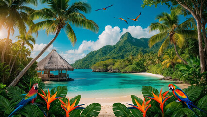 Vibrant tropical scene featuring colorful parrots, a straw hut, turquoise waters, lush greenery, dramatic mountain backdrop, and blooming exotic flowers under sunny skies.