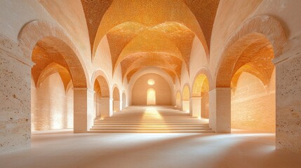 Fototapeta premium Minimalist architectural interior of a vaulted stone hall with arches and warm golden light streaming through a window.