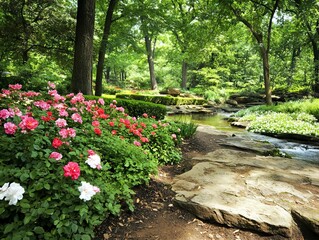 A serene garden scene with vibrant flowers and a gentle stream.