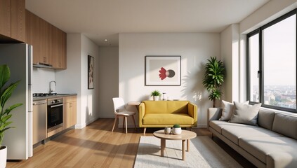 Fototapeta premium Small apartment interior featuring kitchen living room Rendering