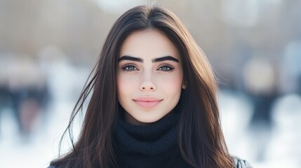 Obraz premium Beautiful young woman with long dark hair and a confident gaze, captured outdoors in soft winter light, blending natural beauty with minimalist charm in a serene setting