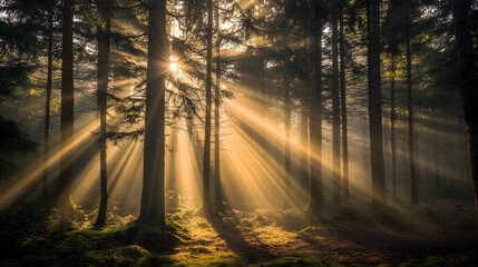 Obraz premium Sunlight streaming through trees in a forest