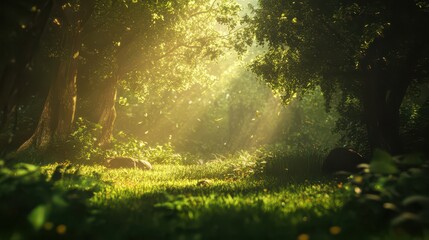 Obraz premium Serene Forest with Sunlight Filtering Through Trees