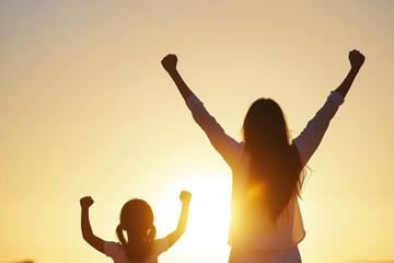 An inspiring scene of a mother and daughter outdoors, both making the 'strong arm' gesture, with a bright sunrise behind them, symbolizing hope, unity, and the future of gender equality
