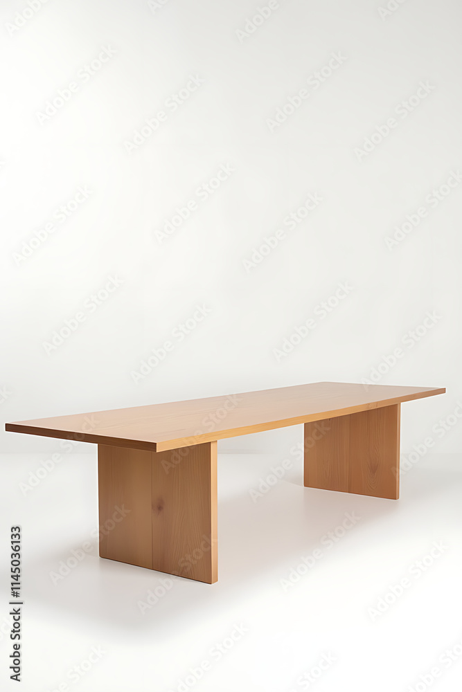 Poster a large wooden table with a minimalist design sits against a clean white background in a photo editi