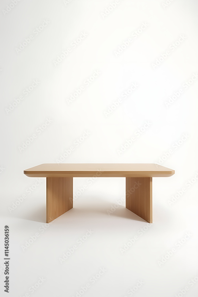 Poster a large wooden table with a minimalist design sits against a clean white background in a photo editi