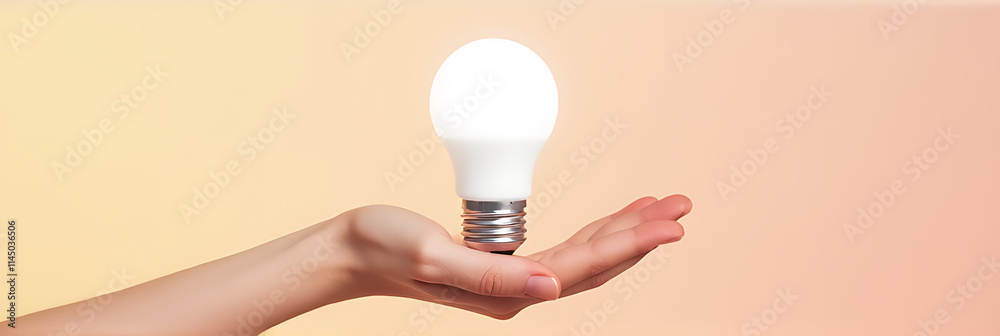 Poster a human hand holds a white lightbulb in front of a soft pastel colored background with flat design s