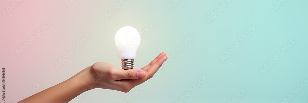 Poster a human hand holds a white lightbulb in front of a soft pastel colored background with flat design s