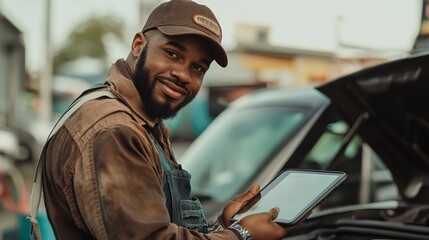 Automotive Technician Using Tablet for Car Repair