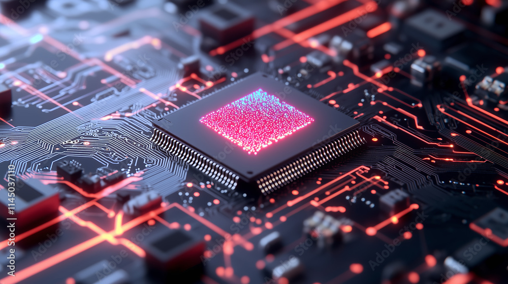 Poster close-up view of a computer microprocessor on a circuit board highlighting intricate design and vibr