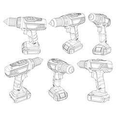 Hand drill tool icon design template, outline cordless icon, black lineart vector ilustration isolated on white background