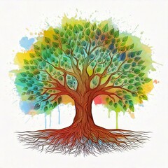 Bodhi Sacred Fig tree Watercolor Vector Illustration.