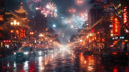 A glistening city street lined with vibrant neon lights and firework trails marking the start of the New Year.