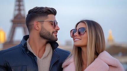 Fototapeta premium Romantic couple wearing sunglasses, sharing an intimate moment near the Eiffel Tower, evoking travel, love, and elegance, perfect for lifestyle and relationship themed stock photography